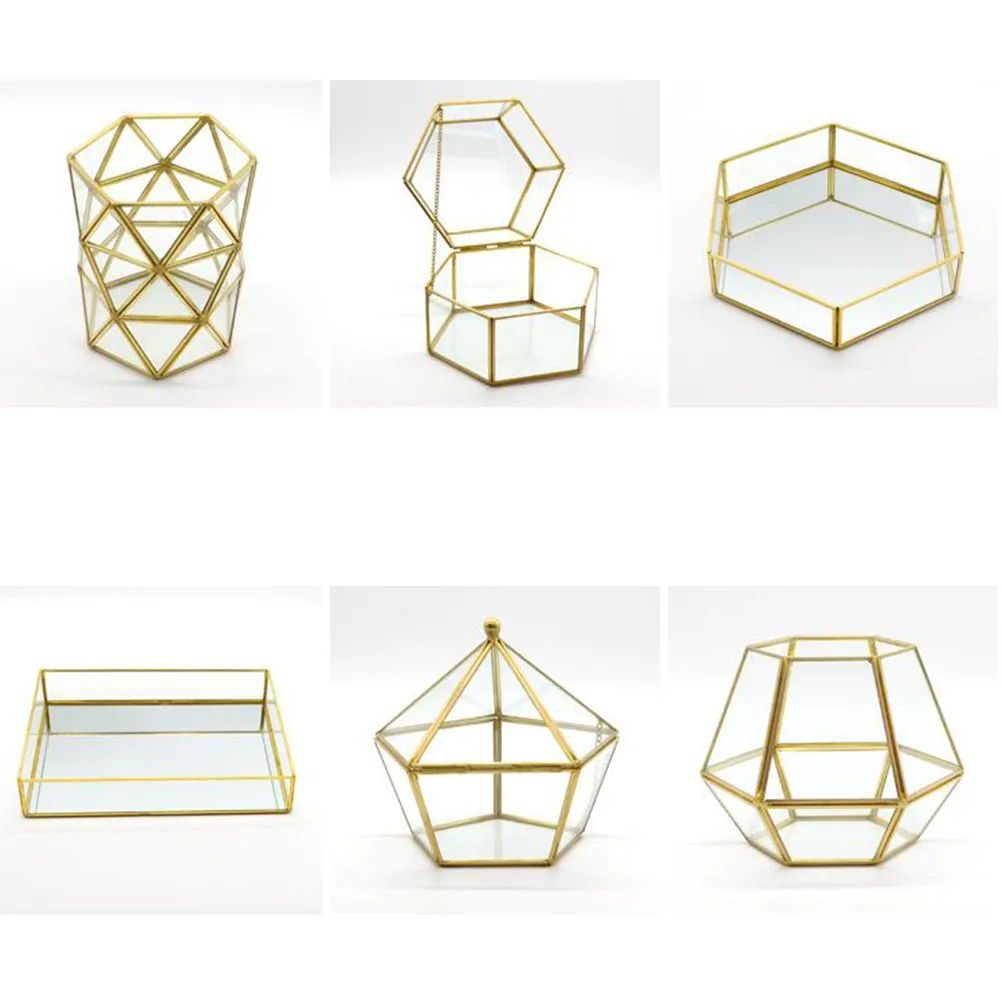 

1Pcs Glass Flower Room Jewelry Box Clear Geometric Ring Holder with Sturdy Metal Frame Vintage Elegant Storage for Earrings
