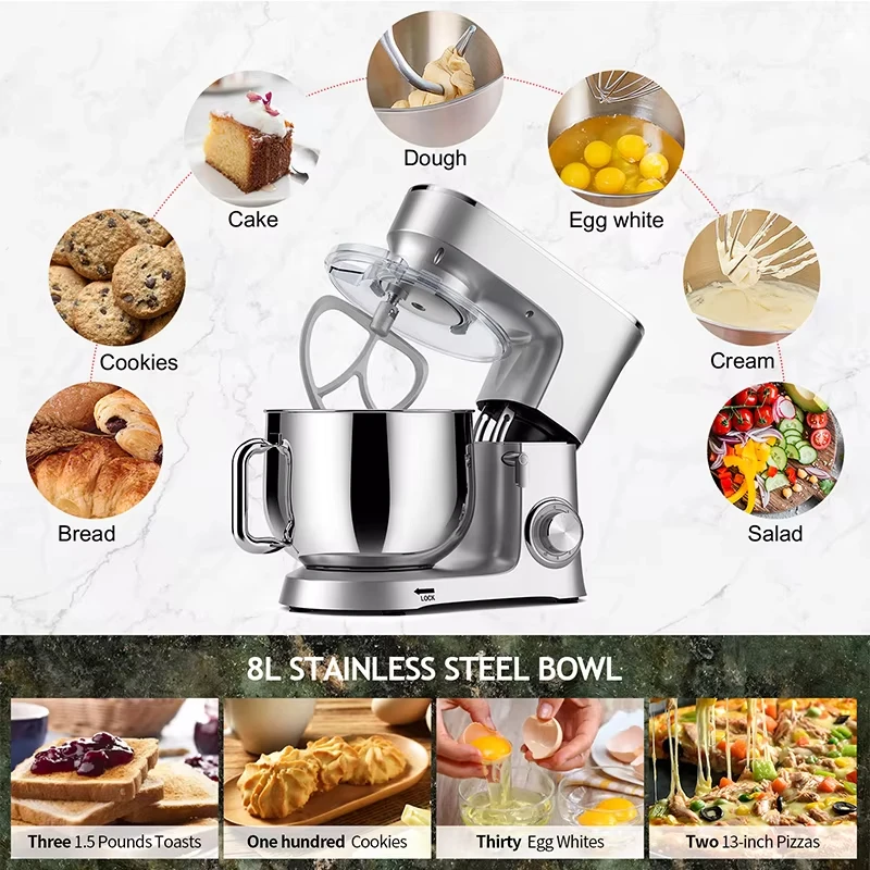 New Die Cast Stand Mixer OEM 6.5L 7L 8L Electric 4-Speed 1500W Stainless Steel Beater Ejector Button Dough Hook Cake Bread Dough