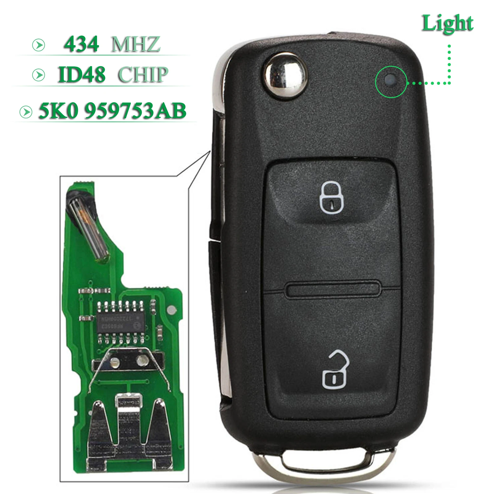 jingyuqin 2 Buttons Flip Remote Car Key 434Mhz ID48 Chip 5K0 959753AB FOB For VW VOLKSWAGEN Amarok Transporter 2011-2016