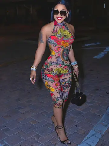 Weird Puss Colorful Print Romper Women Halter Bandage Summer Sexy Hipster Backless Activity Workout Fit Tight Stretch Playsuits