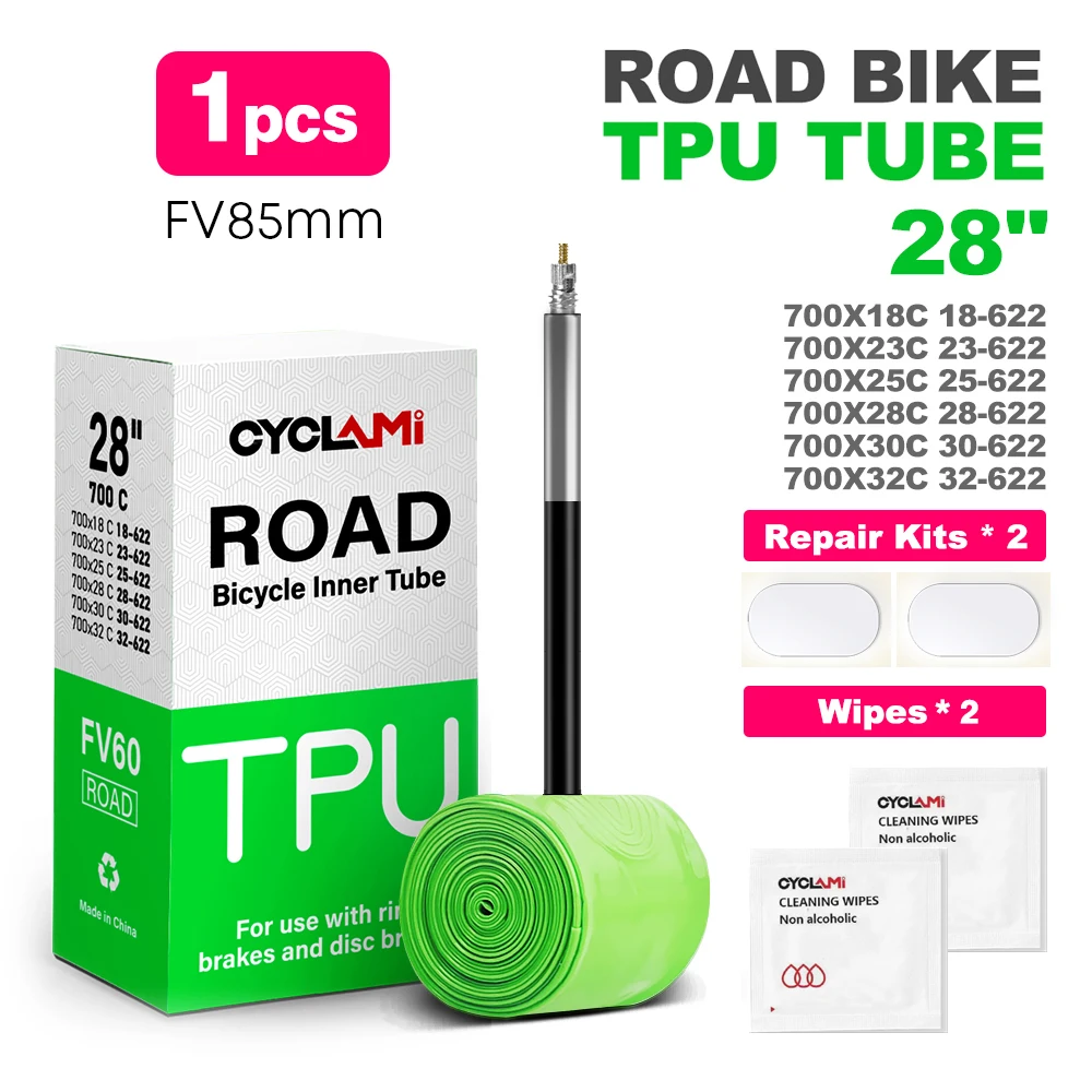 CYCLAMI TPU-Material Ultraleichter Fahrradschlauch 700C 18 32 Rennrad-MTB-Fahrradreifen 45 65 mm Länge Französisches Ventilreifen-Reparaturwerkzeug