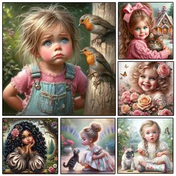 Diamond Mosaic Girl Painting Full Square Round Portrait Dog Bird Cat Cross Stitch Embroidery Picture Wall Decor Living Room
