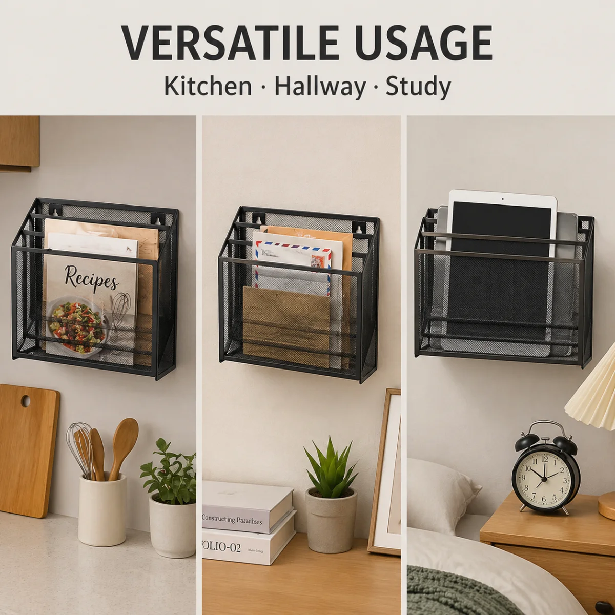 3-Tier Wall Mount File Holder, Adjustable Hook Storage Rack, Large Capacity Metal Mesh Organizer for Kitchen Hallway Study Home