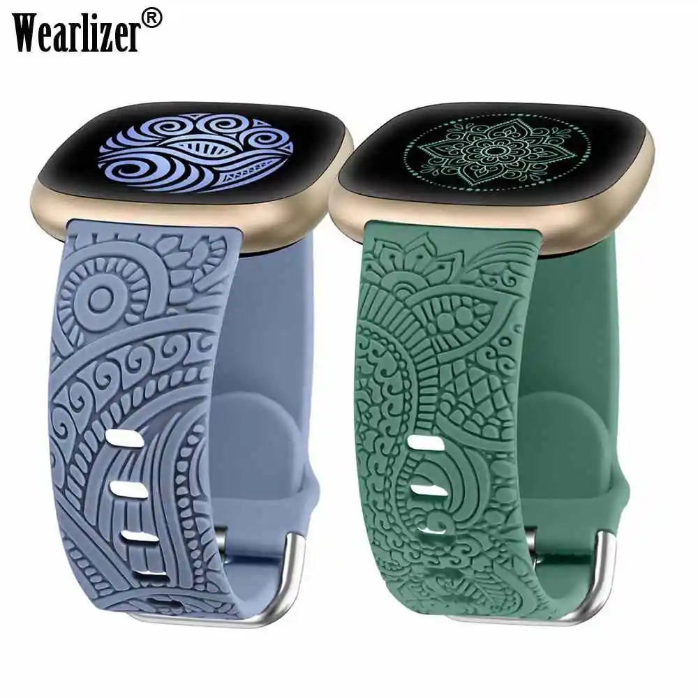 

Wearlizer 2 Packs Floral Engraved Band for Fitbit Versa 4/Sense 2/Versa 3/Sense Women Silicone Sport Solo Loop Strap for Sense 2