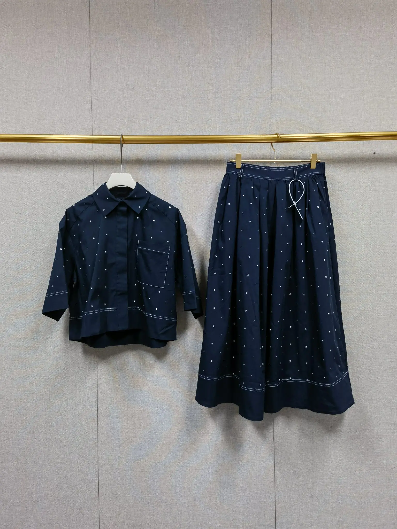 

Women Diamond Decoration Blue Set Cotton Blend Turn-down Collar Short Sleeve Shirt Blouse + High Waist A-Line Midi Skirt