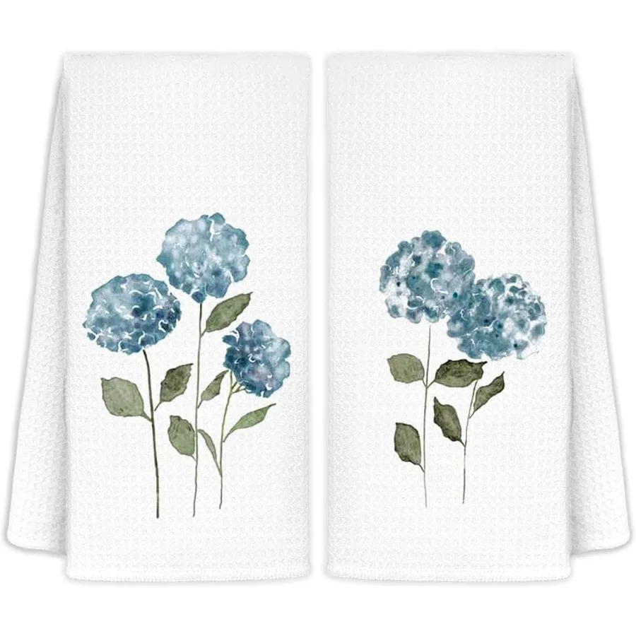 

Blue Hydrangea Flowers Floral Kitchen Towels Set of 2 - Summer Flowers Decorative Hand Towels for Bathroom Blue Hydrangea Decor