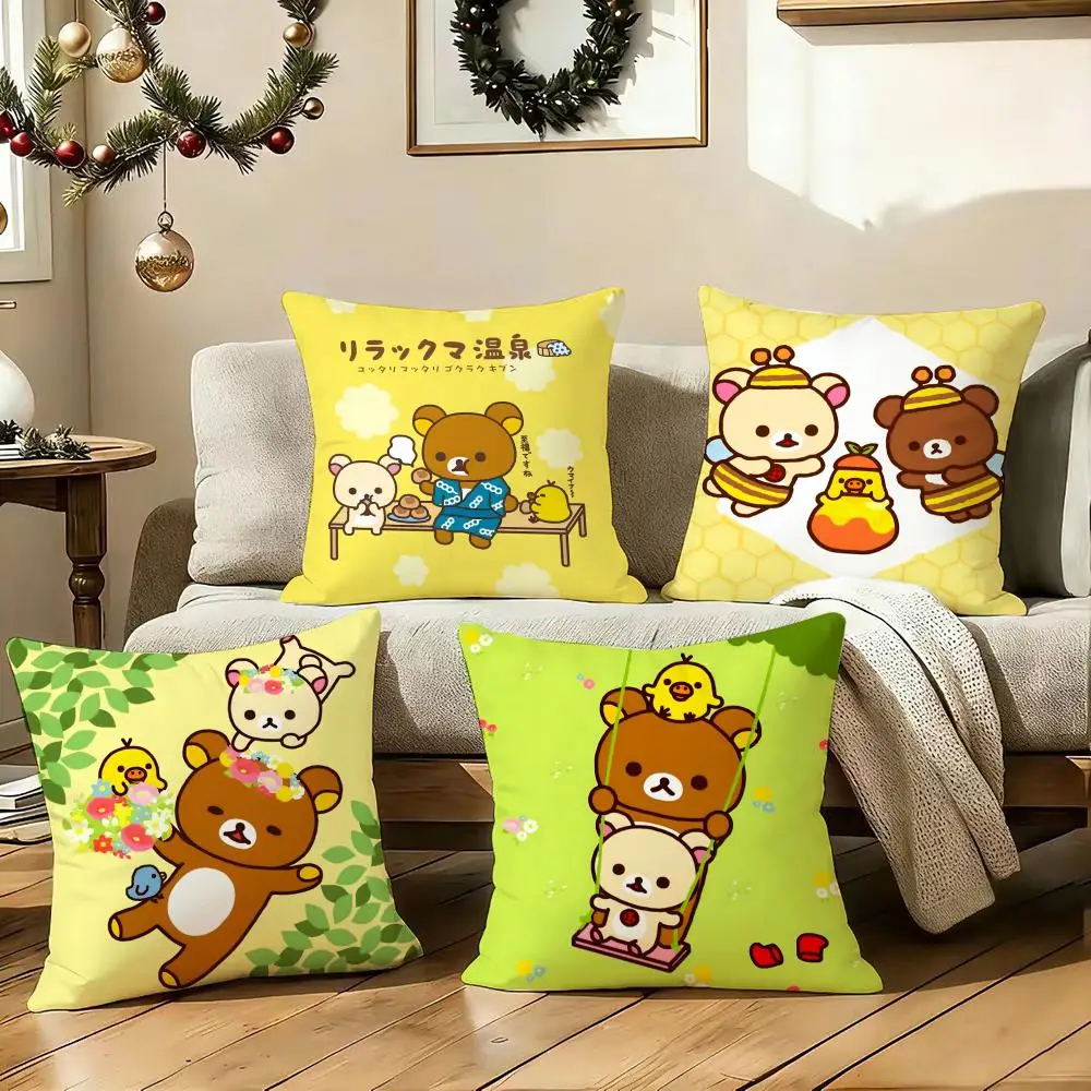 Cartoon R-Rilakkuma Cushion Cover Soft Plush Double-Sided Decorative Pillow Cover Cozy Sofa Cushion Case Living Room Home Gift