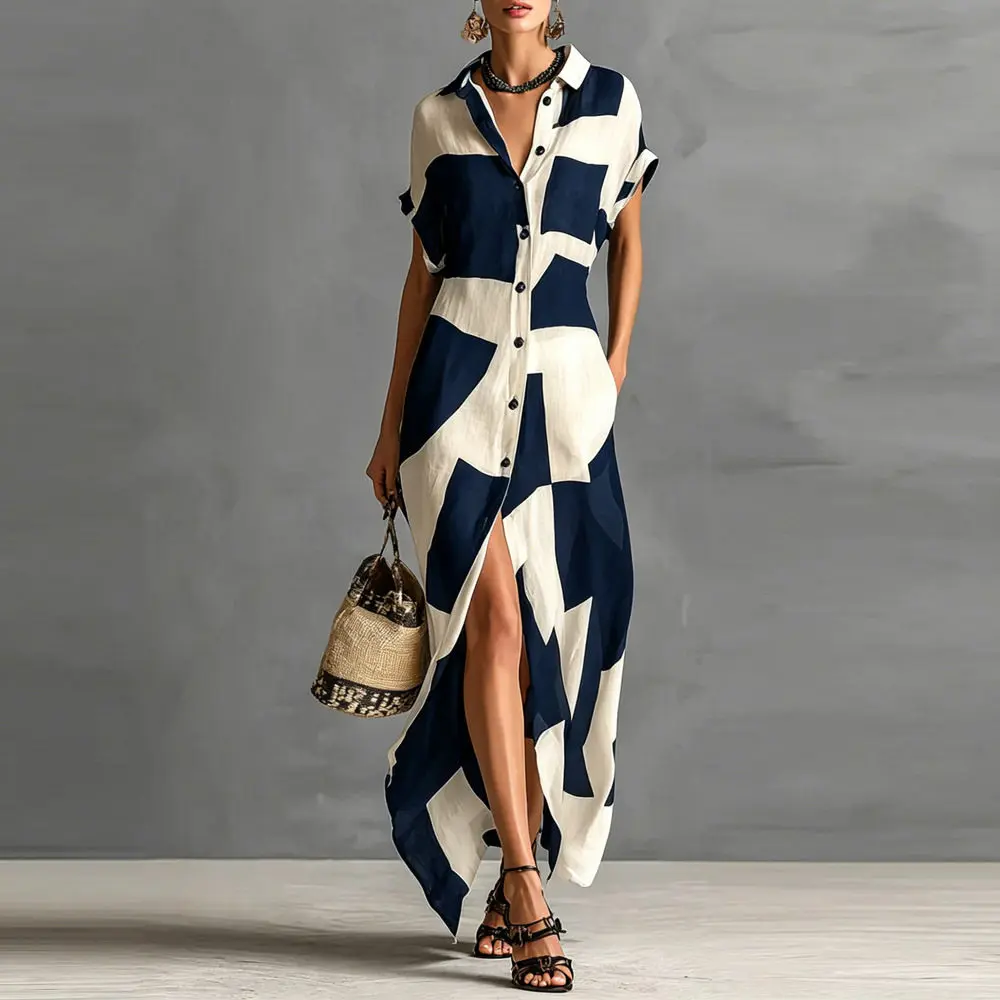 

Boho Summer Button Lapel Shirt Dress Women Sexy Geometric Print High Split Long Dresses Summer Short Sleeve Beach Vacation Dress