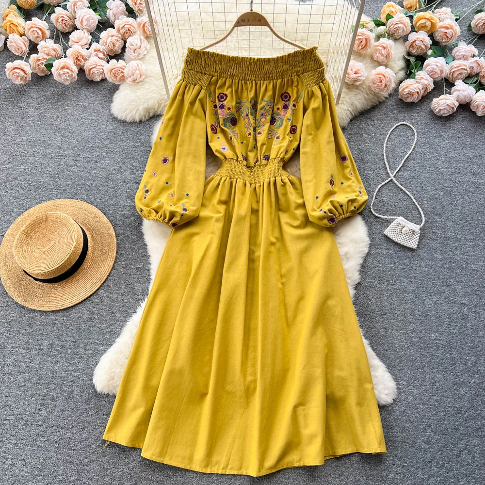 

Retro Slash Neck A-line Dress Women Spring Summer Embroidery Elastic Waist Long Sleeve Solid Color Casual Clothes Vestidos K686