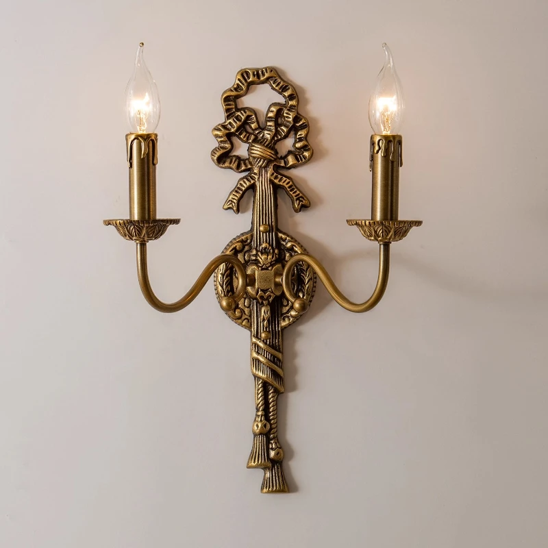 French Luxury All Copper Bowknot LED Wall Lamps Double-headed Candle Light Living Retro Room Bedroom Restaurant Corridor Sconces