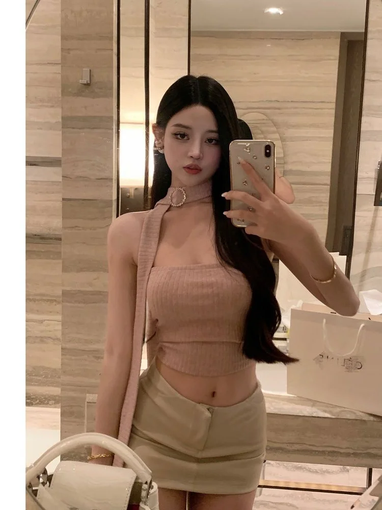 2024 Summer Fashion Y2k Choker Halter Tube Women Korean Solid Cropped Tops Off Shoulder Vest Sleeveless Sexy Cute Knitted Tanks