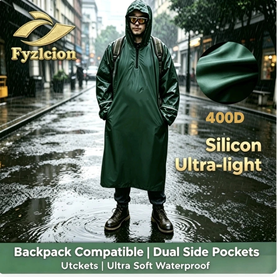 Fyzlcion  Premium Soft 400D Ultra Lightweight Soft Rain Poncho Backpack Compartment Pack Oversized Hooded Raincoat rainwear