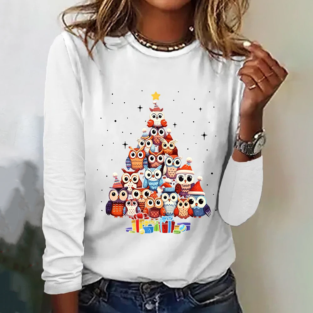 Christmas Owls Cute Cartoon Pattern Women\'s T-shirts Christmas Fashion Loose Long Sleeves T shirt Autumn Cotton Women Clothing