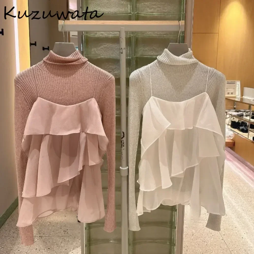 Kuzuwata Women Sweet Voile Ruffles Suit Camis Solid Turtleneck Long Sleeve Slim Pullover Japan New Moda Sets Casual Pull Femme