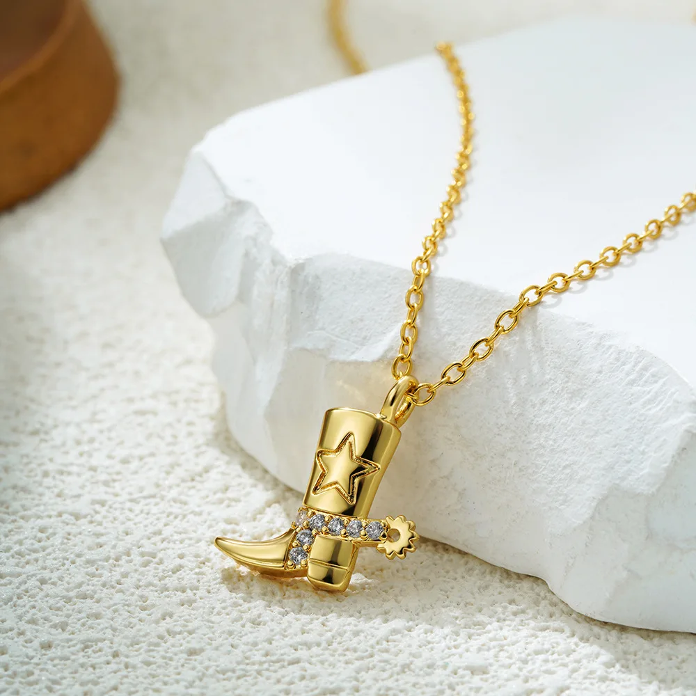Cowboy Boot Star Spur Pendant Necklace for Women  CZ Pave Style Stainless SteelGreat for Party Wear  Gift Jewelry