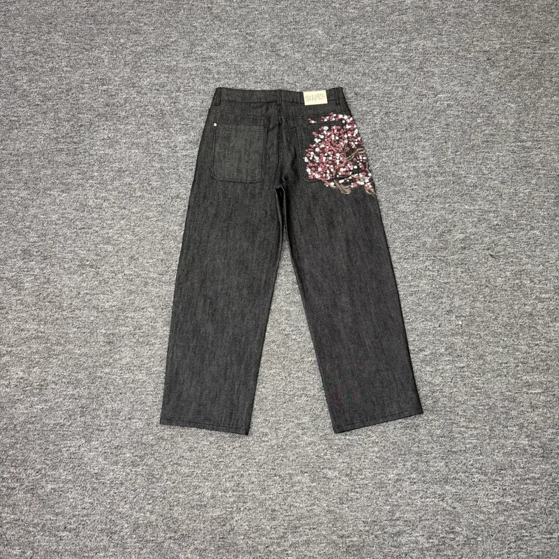 

Back Pockets Embroidery Sakua Derschutze Blossom Raw Jeans Men Women High Quality Casual Loose Straight Denim Pants Trousers