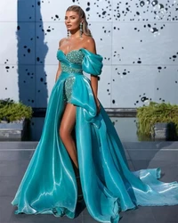 Ocean Blue Off Shoulder Evening Dresses Pleated Beadings Side Slit Ruched Prom Dress Africa Arabia Celebrity Party Gowns