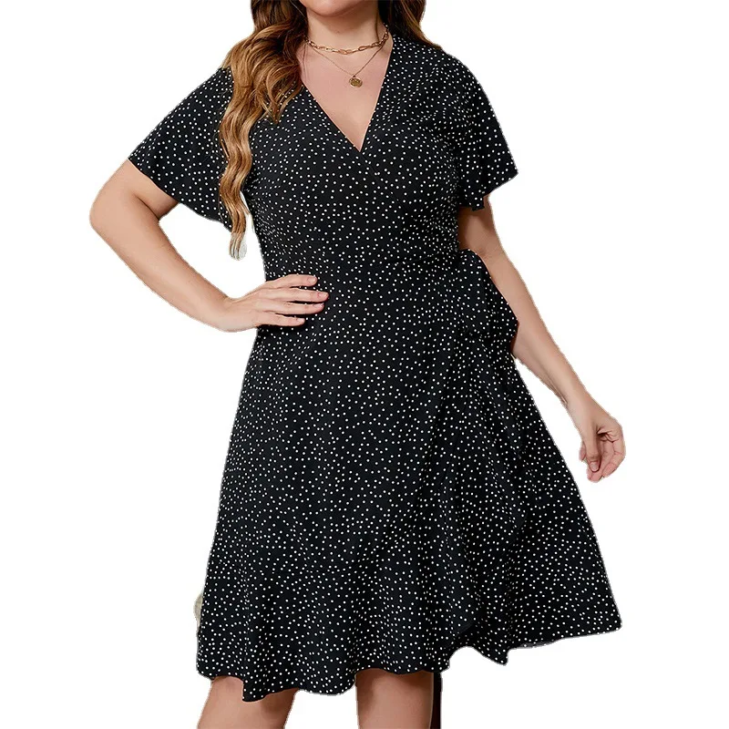 Plus Size Kleid Kurzarm Punkt schwarz Kleid übergroße Frauen kleidung knielang lässig V-Ausschnitt