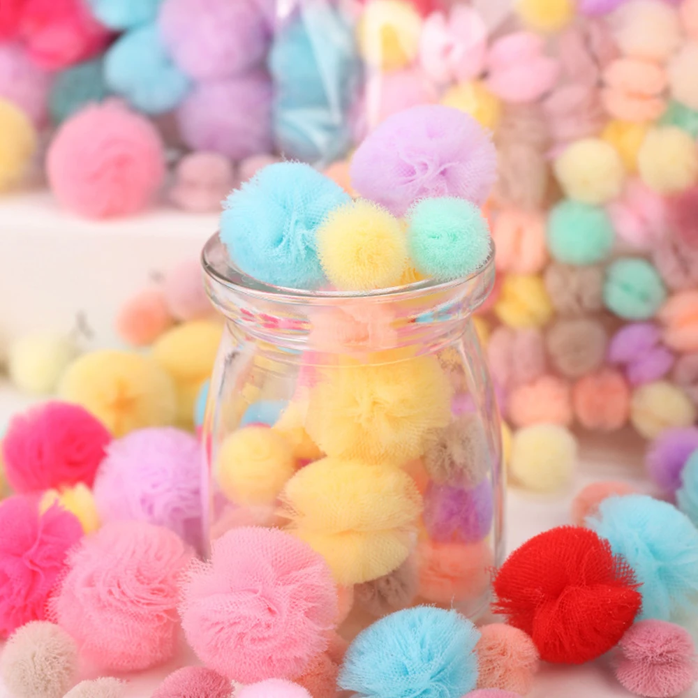 30/80PCS 1.2-2.3cm Korean Version Elastic Mesh Ball Flower Ball Lace Mesh Fluffy Soft Pompom Balls Handmade Kids Toys Wedding