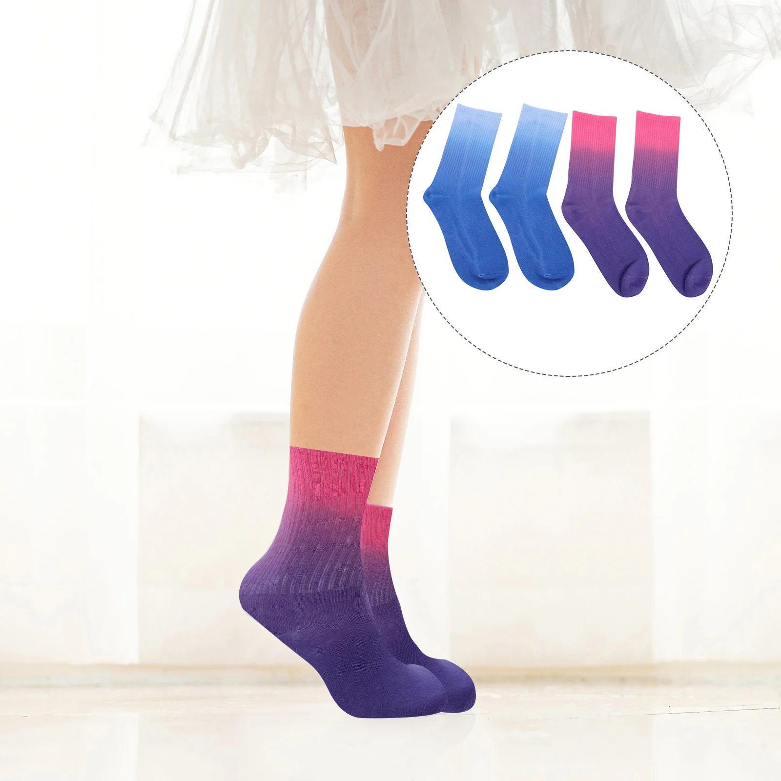 

2Pairs Couple Cotton Socks Tie-Dyed Gradient Color Breathable Elastic Ankle Length Middle Tube Cotton Socks Comfortable Autumn