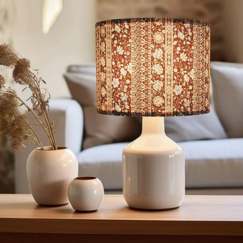 غطاء مصباح الطبل، مخطط بني متوسط مطبوع بوهو كونتري 13x13x10 في أباجورة من نسيج القطن لمصابيح الطاولة ومصابيح الأرضية والأسرة