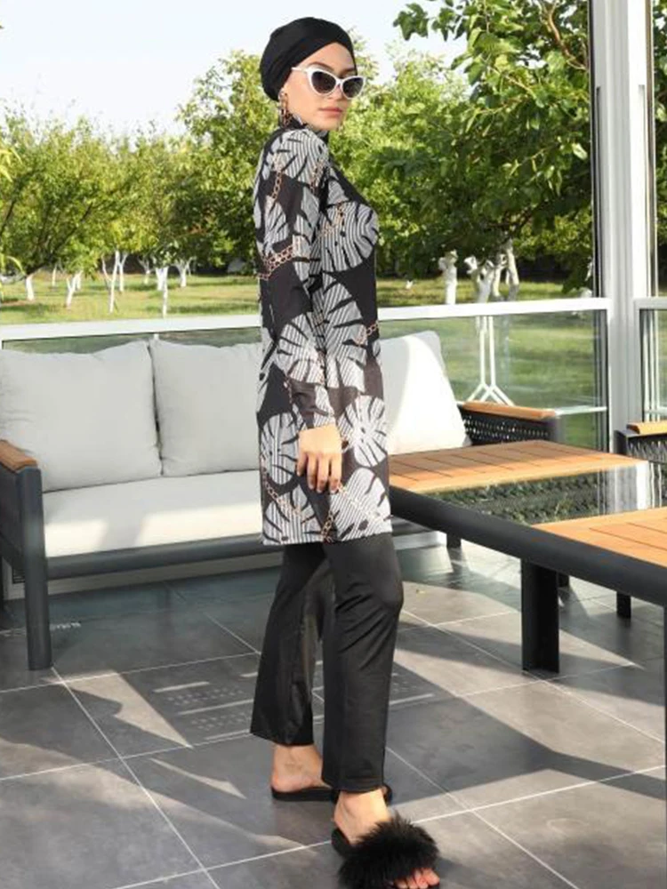 New Summer Beach Muslim Burkini Women Swimsuit Modest Swimwear Islamic ​Bathing Suit，Tropical Plant Print , Quick Drying, UPF50+