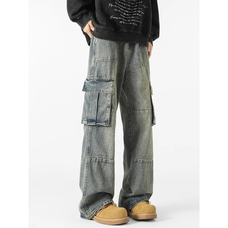 GIOIOMen's Cargo Jeans, Four Seasons American Multi-Pocket Loose Straight Wide Leg Denim Herrenhose