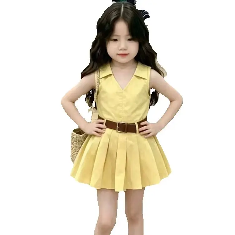 Girls Summer New Yellow V-Neck Hanging Neck Dress Children's Clothing Toddler Girls Dress Vintage Style Dress for Girls