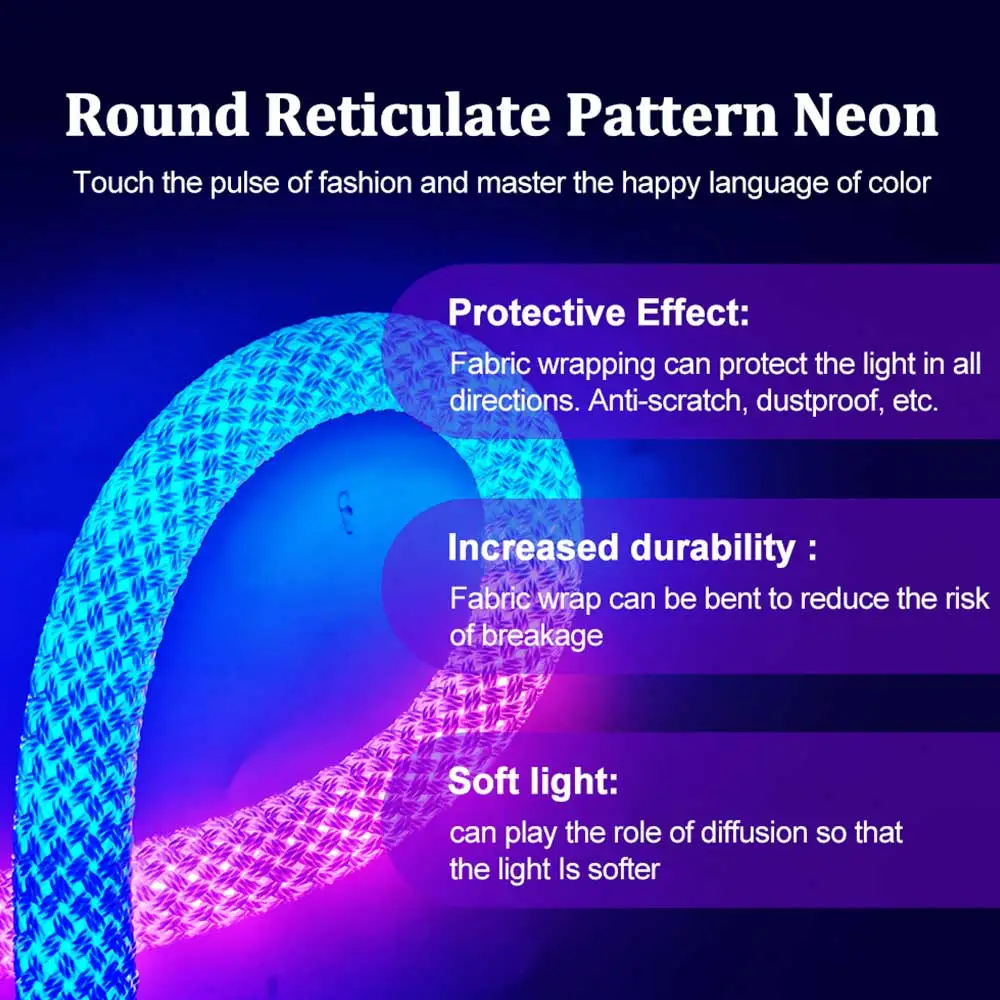 360 Degree Round Reticulate Neon LED Strip USB DC5V Strip Light Nylon Flexible Dream Colorful Rope Light For Bedroom Living