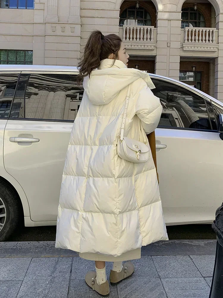 2024 Women's Winter Fashion White Duck Down Coat Female Loose Casual Down Jackets Ladies Long Thick Warm Hooded Overcoats Q863