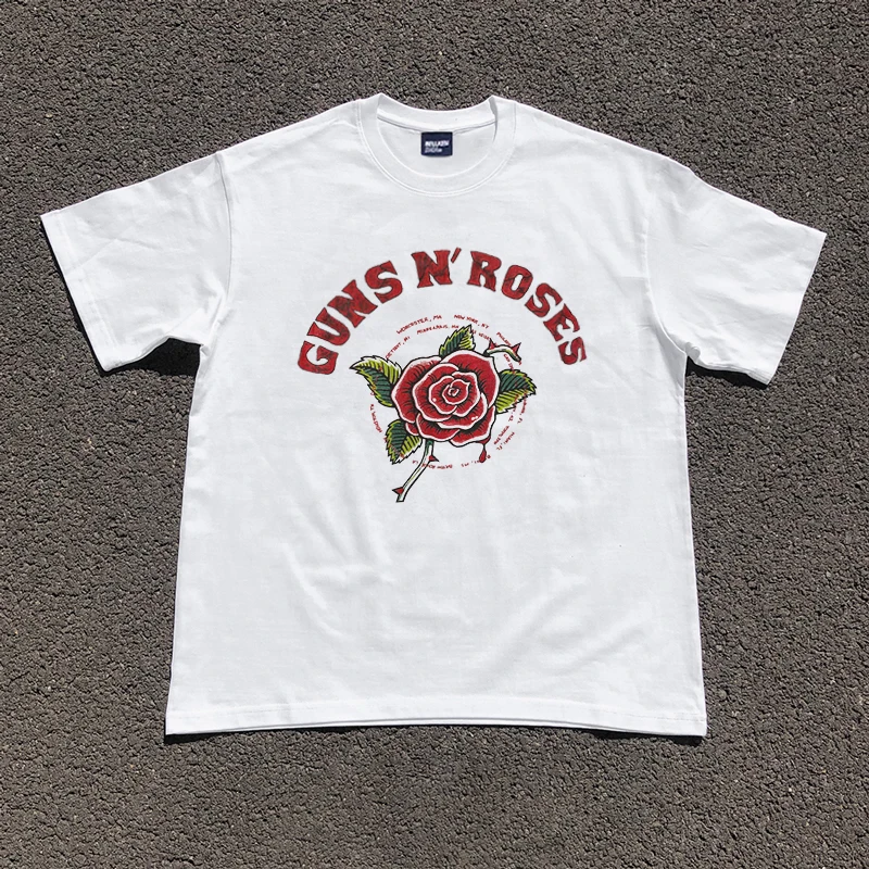 

Винтажные хлопковые футболки Guns N' Roses Band для мужчин, повседневная модная футболка с принтом роз, уличная одежда в стиле хип-хоп, белые топы с короткими рукавами для женщин