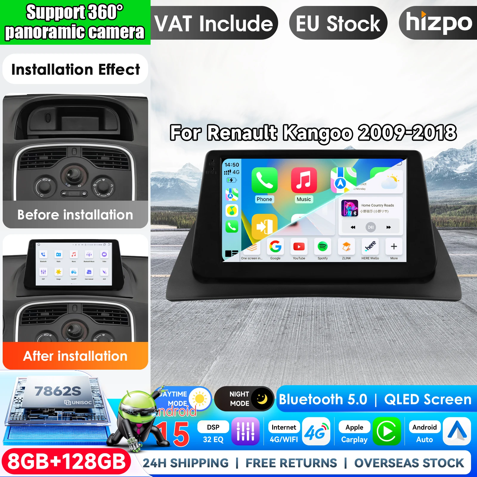 Autoradio mit Carplay für Renault Kangoo Express 2009 - 2018, Navigation GPS, Android Auto, Stereo, kein 2DIN, Android 15, Autoradio, Multimedia-Player, Carplay, Autoradio, Stereo, IPS QLED