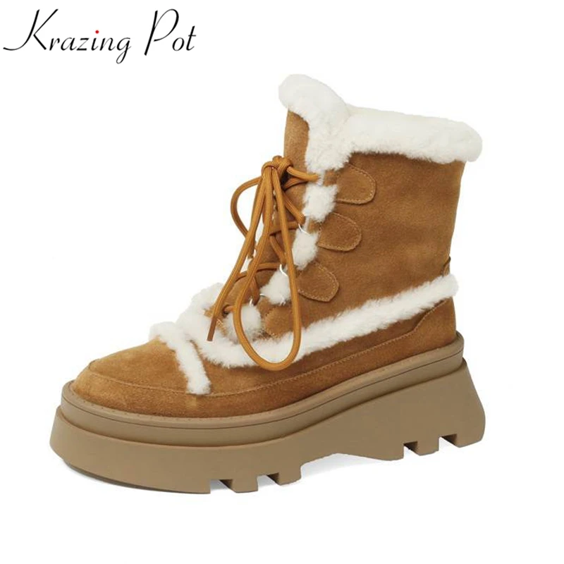 

Krazing Pot Wool Cow Suede Round Toe Thick High Heels Snow Boots Cold-resistant Fur Thick Bottom Cross-tied Fashion Ankle Boots