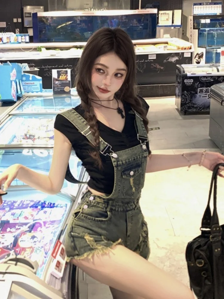 

Женский весенний модный комплект: рваные комбинезоны с необработанным краем и прямые шорты в американском стиле, комплект из двух предметов для повседневной носки