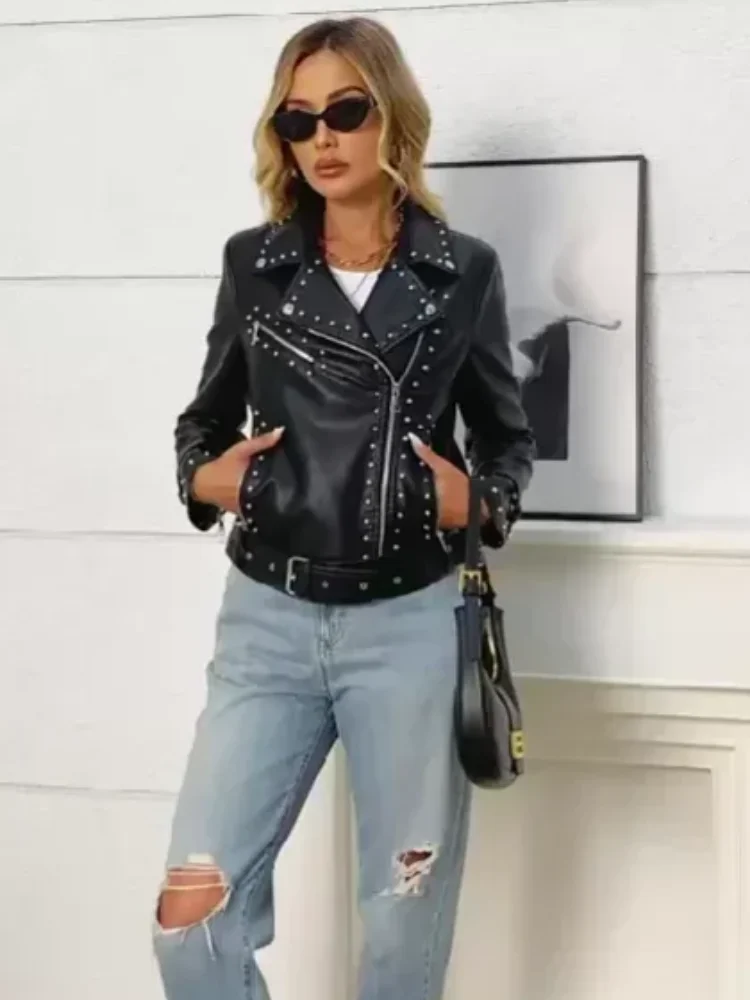 Women Black Rivet Pu Leather Jacket Solid Lapel V-neck Long Sleeve Zipper Belted Bomber Coat 2026 Fashion Lady Fashion Outwears