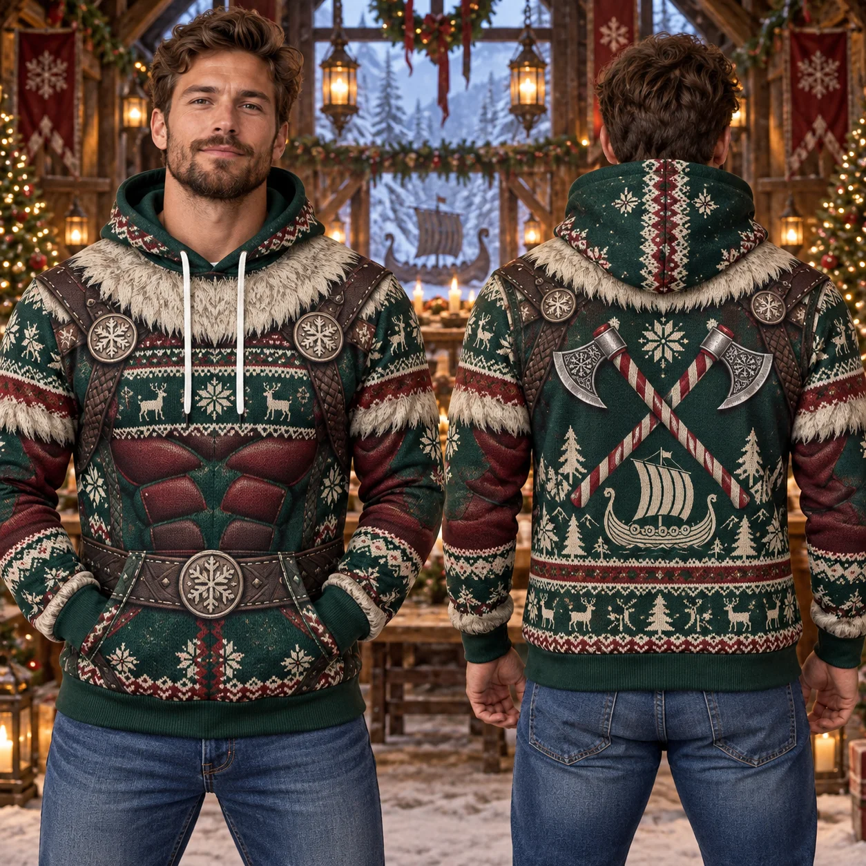 Funny Muscle Illusion Christmas Hoodie for Men 3D All Over Print Pirate Sleigh Explorer Snow Globe Firefighter Holiday Fun Gift