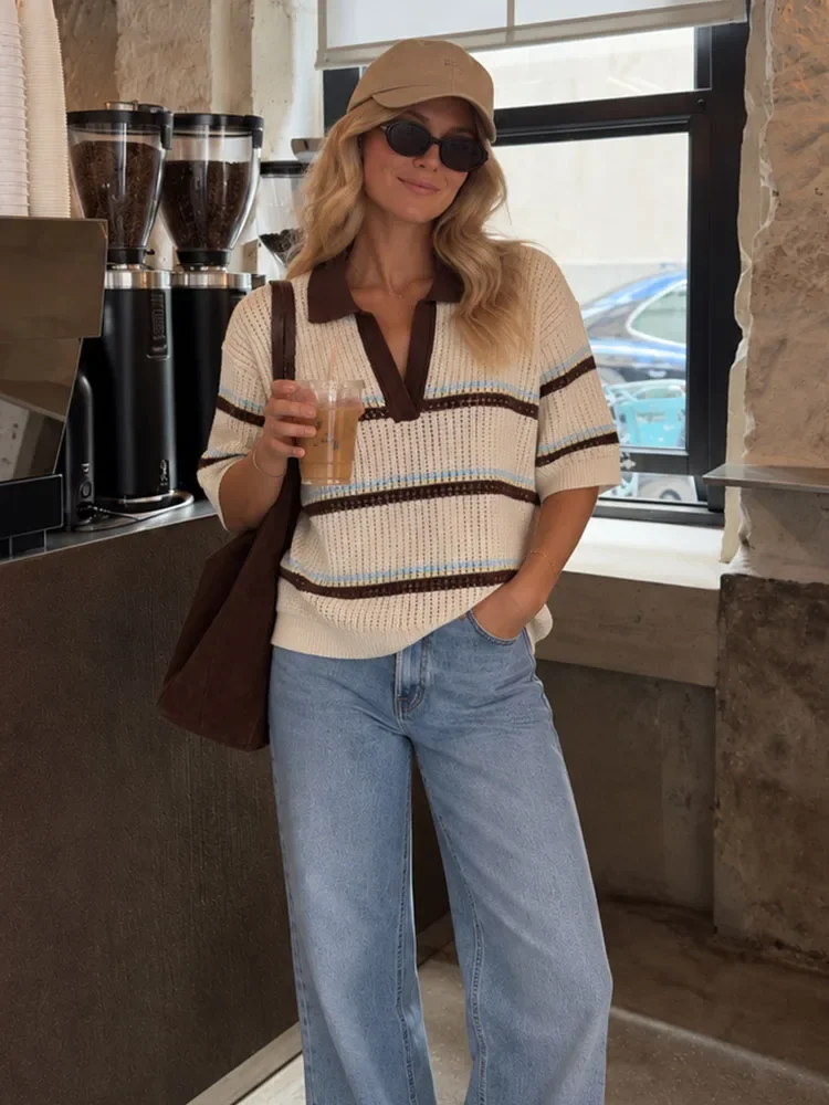 NewWomen Striped Knit Polo Sweater Short Sleeve Openwork Top Spring Summer Casual Loose Fit V Neck Pullover for Daily Streetwear