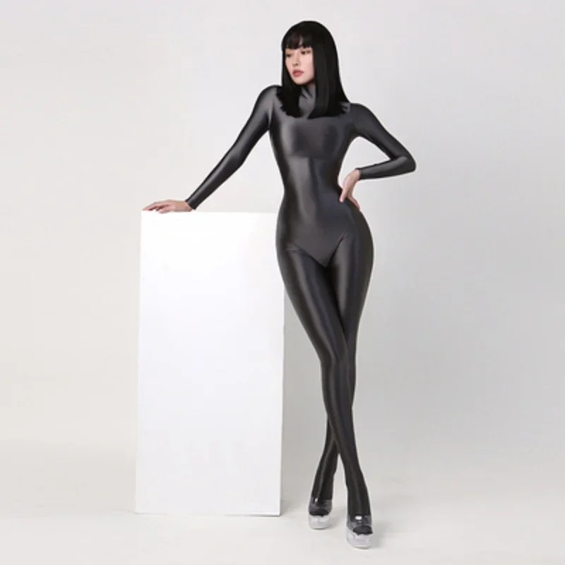 

Women Long Sleeved Elastic Jumpsuit Tight Shiny Back Zipper Bodysuit Silky Satin Pantyhose Sexy Elegant One-pieces Bodycon