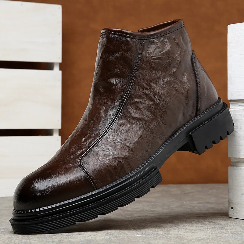 

Мужская кожаная рабочая одежда с боковой молнией, мотоциклетные ботинки, короткие ботинки челси со средним верхом, увеличивающие рост