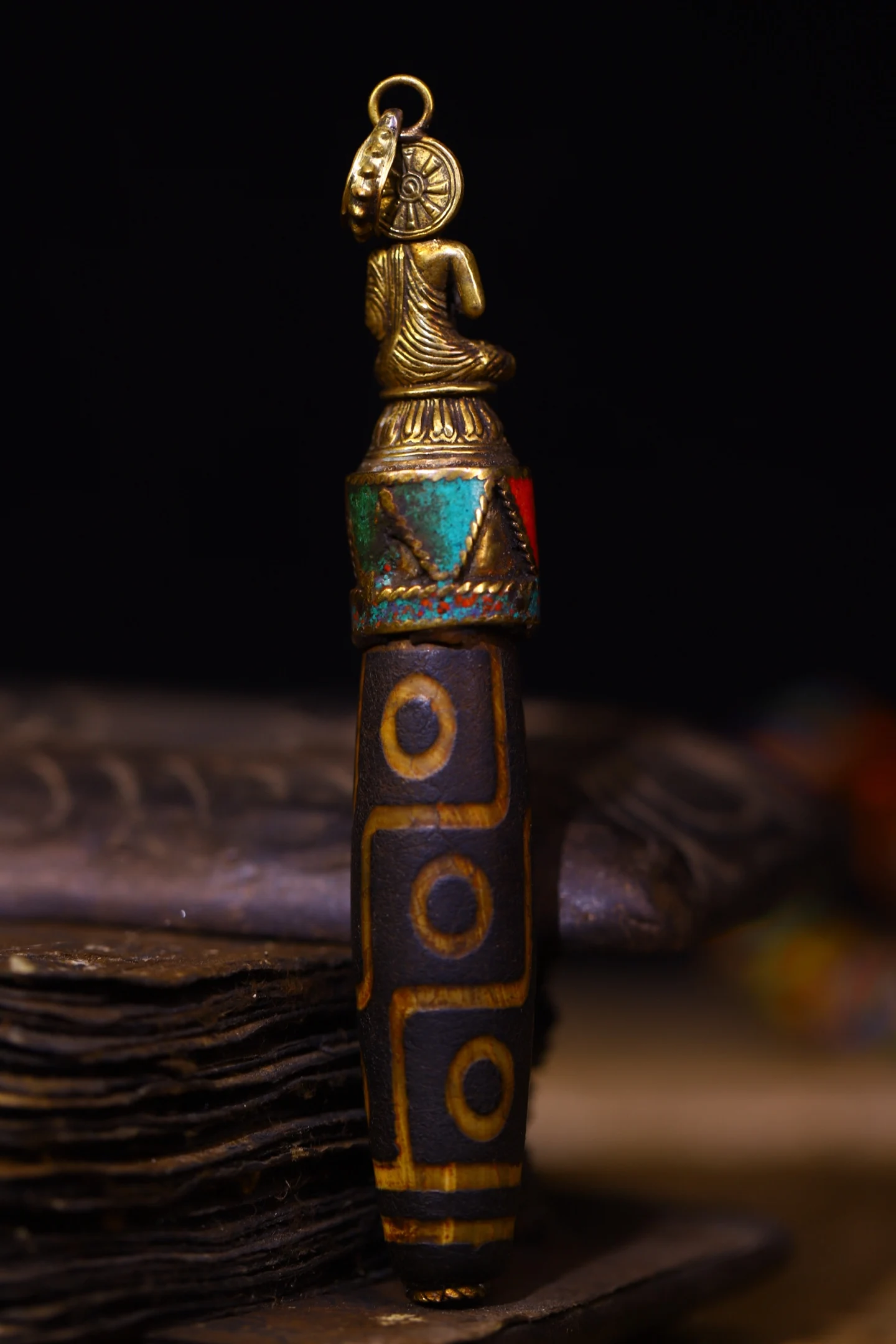 5 "مجموعة معبد التبت العقيق القديم الفيروز gZi الخرز البرونزية Parinirvana بوذا قلادة الخرز تميمة داروم تاون هاوس