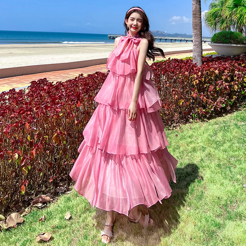 

France Summer Pink Chiffon Cake Holiday Dress Fashion Boho Women Spaghetti Strap Layers Ruffles Sexy Off Shoulder Maxi Vestidos