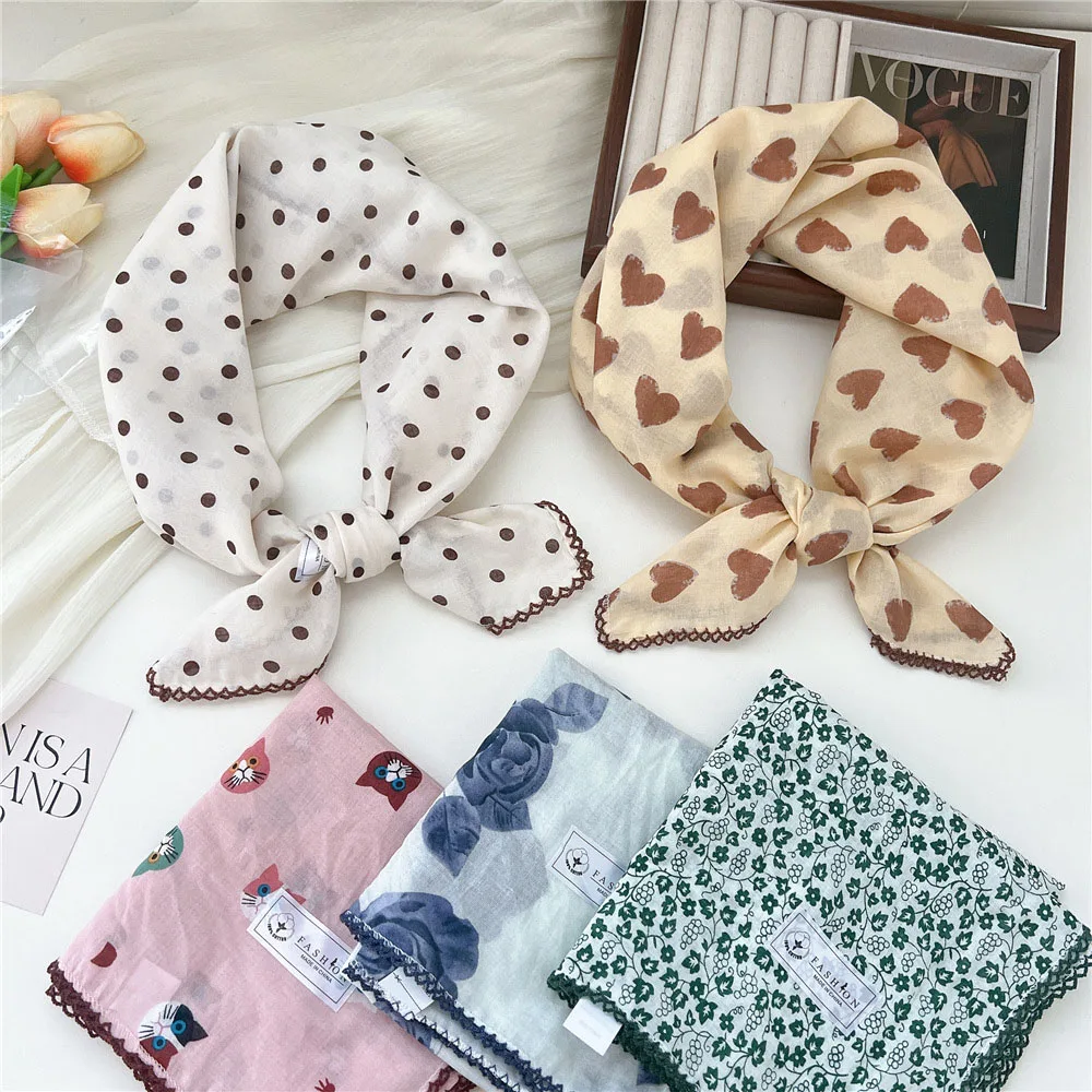 68cm Cotton Linen Sweet Scarf French Spring Summer Head Wrap  Headscarf Turban Bandana Decoration Scarves Neckerchief for Girl