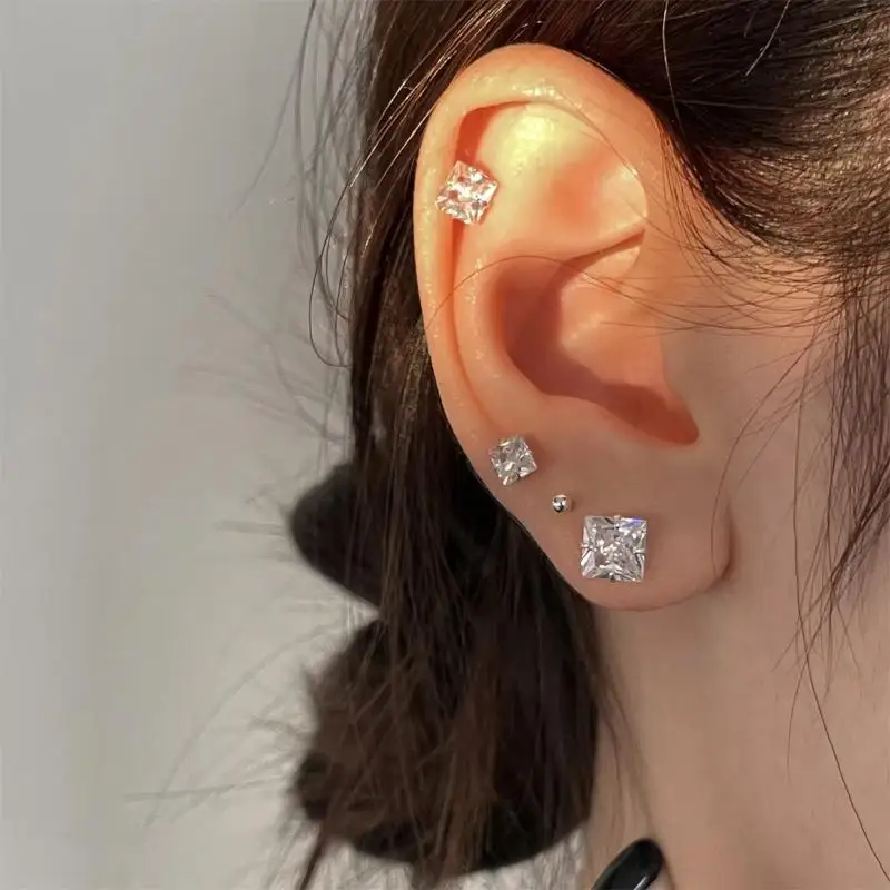 Silver Color 3 4 5 6 7MM Square Zircon Stud Earring For Women Minimalist Classic Fashion Jewelry Accessory Gift Box Supply