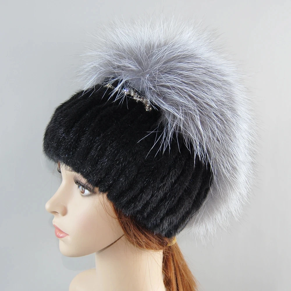 Women Winter Mink Fur Hats Knitted Real Mink Silver Fox Fur Caps Female Russian Warm Beanies Hat Women's Fur Hat