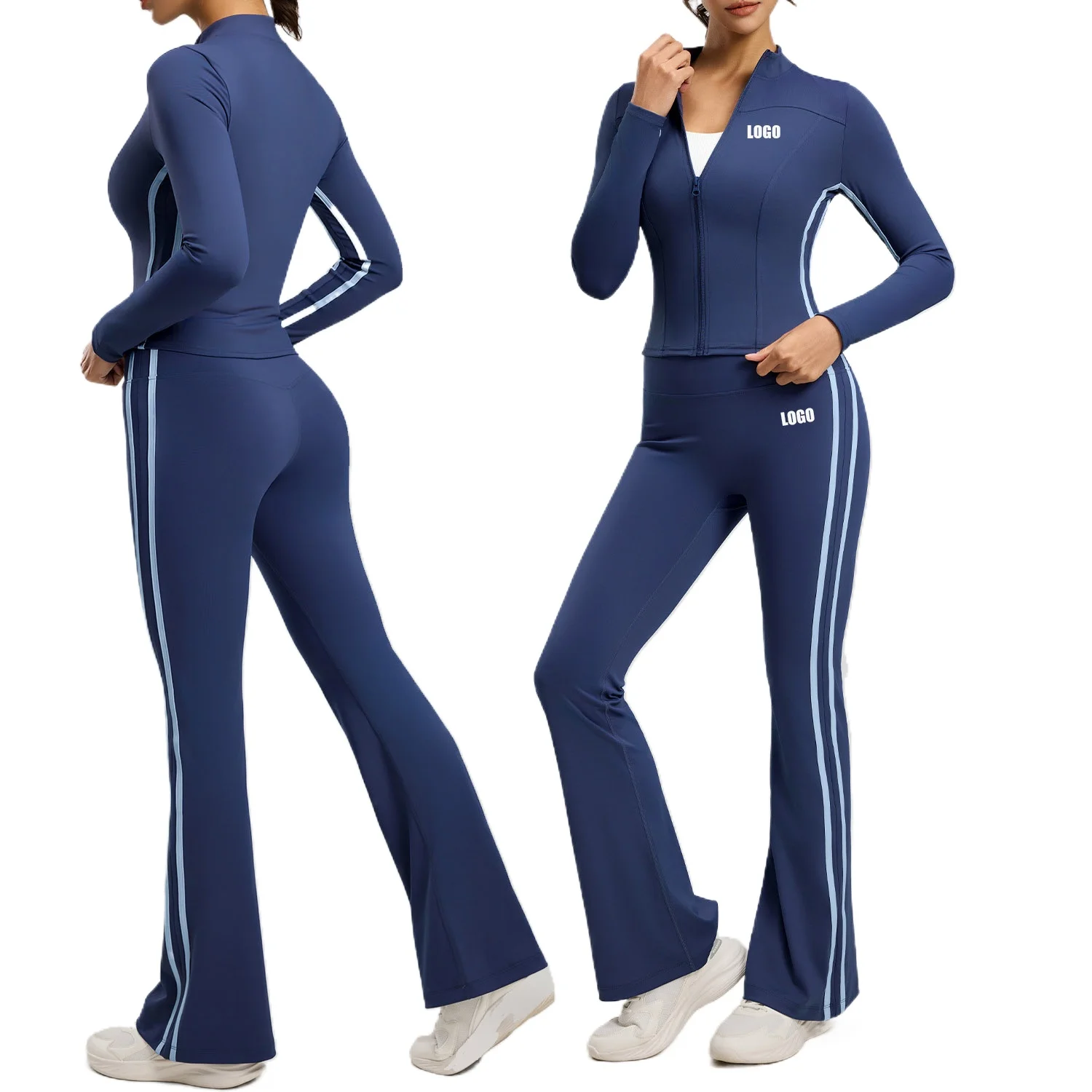 

Customized LOGO women's new striped high waist yoga long sleeves trousers running sports peach hip lift fitness two-piece set