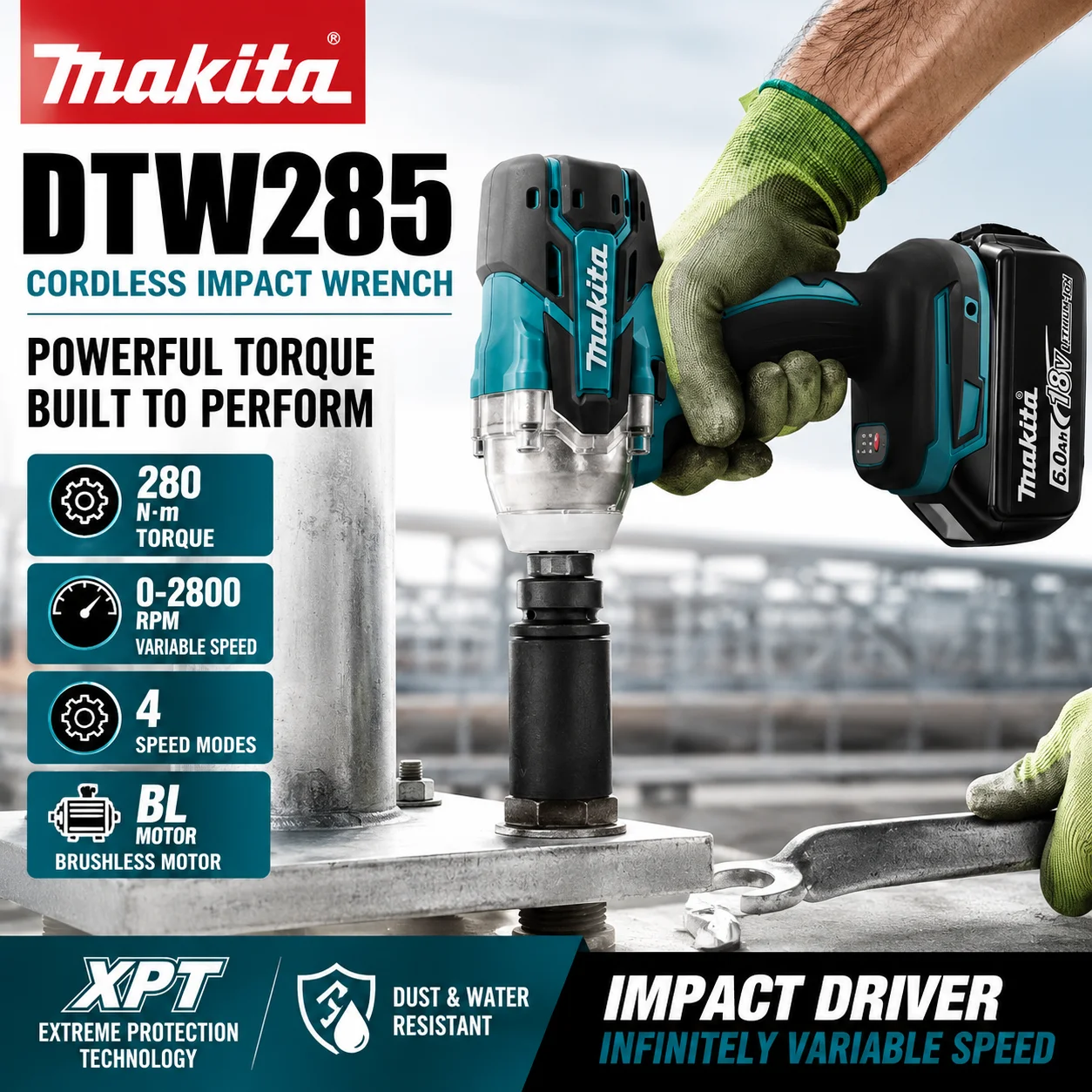 Makita DTW285 Bürstenloser Elektrischer Schlagschrauber Kabellos 320N.M Drehmoment 1/2' Schraubenschlüssel Elektrowerkzeug Kompatibel Ohne 18V Akku