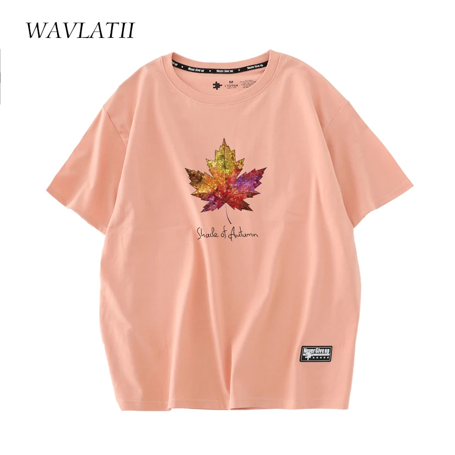 WAVLATII Women New Soft Cotton T Shirts Female Fashion Maple Leaves Printed Tees for Summer Lady Pink Short Sleeve Tops WT2301