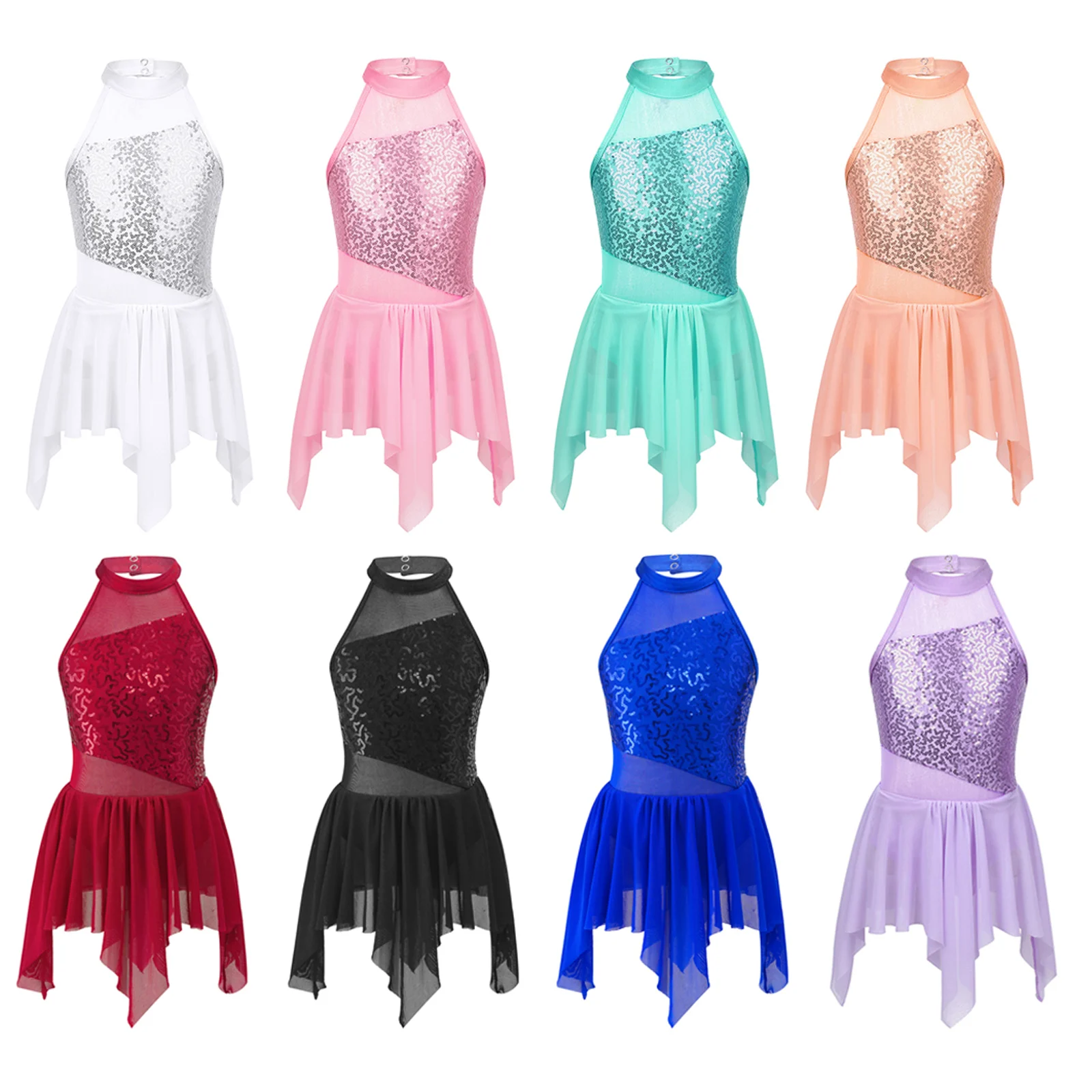 Kids Girls Sequins Ballet Dress Sleeveless Mock Neck Asymmetrical Hem Leotard Dress Lyrical Latin Jazz Dance Costumes Dancewear