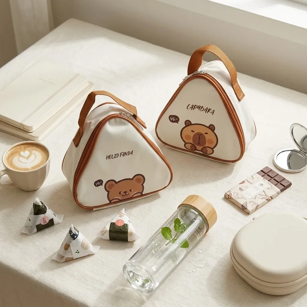 Kawaii Bear Triangle Thermal Lunch Bag Mini Insulated Bento Pouch Kids Lunchbox Bag Women School Snack Small Cooler Bag Tote