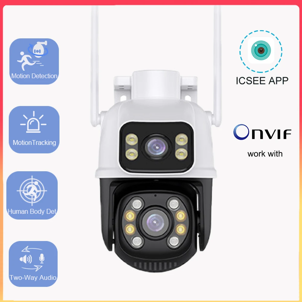 Two Lens 6MP IP66 IP Camera Two Image Color Night Vision Two Way Audio Wired WiFi PTZ Security Camera AI Track NVR Cloud ICSEE